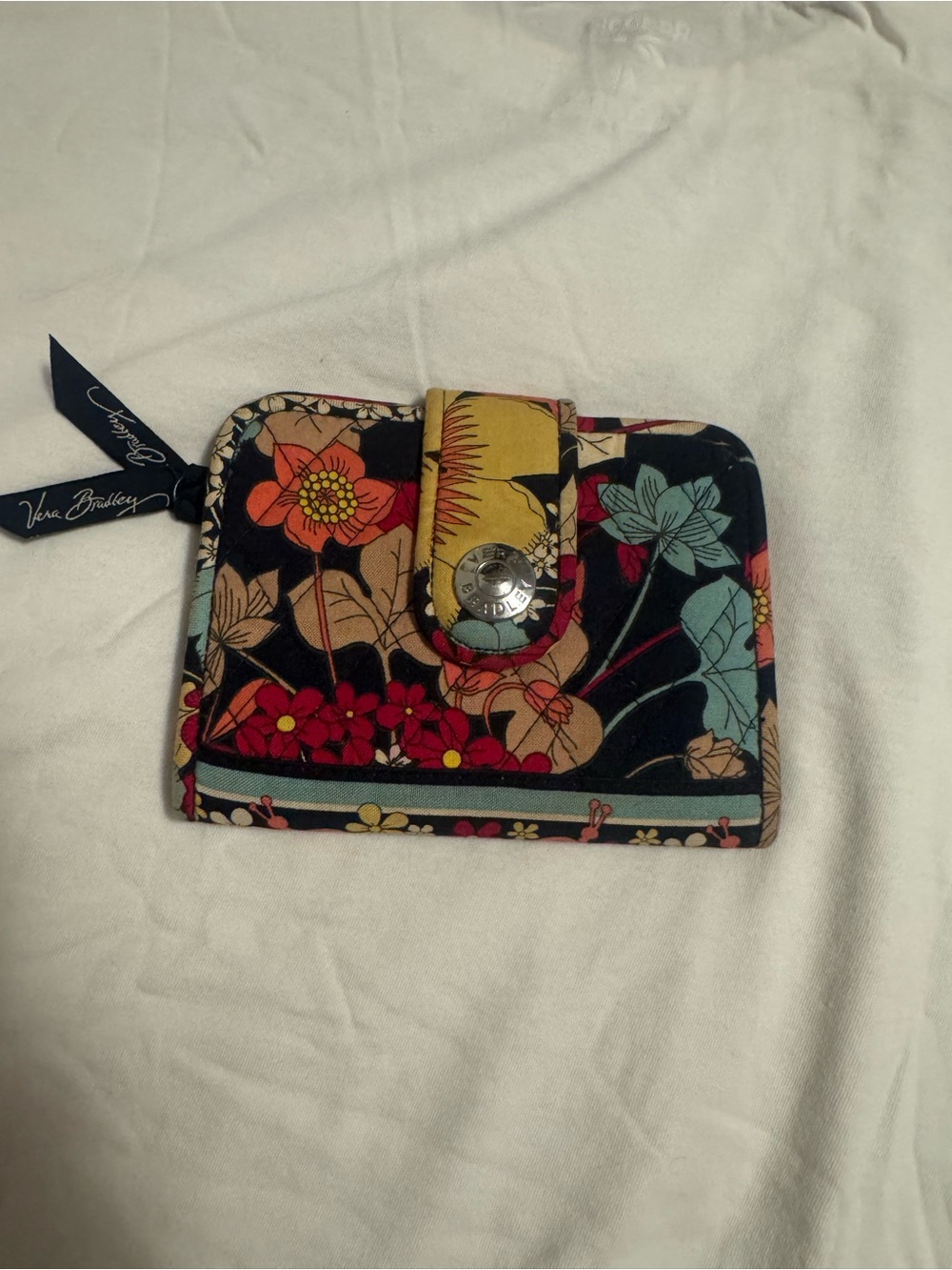 Vera Bradley Black Floral Snap-Tab Compact Wallet with Multicolor Blooms